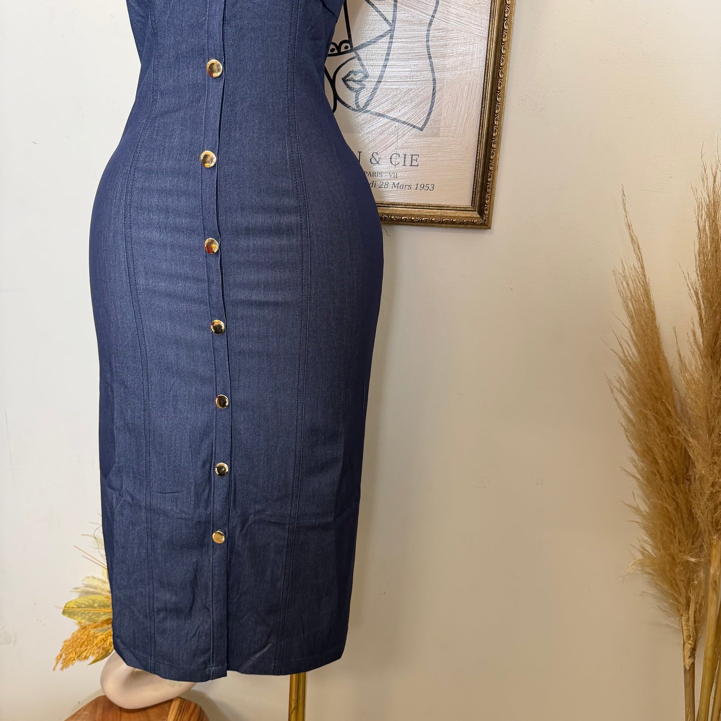 Button-Front Fitted Midi Dress-Indigo