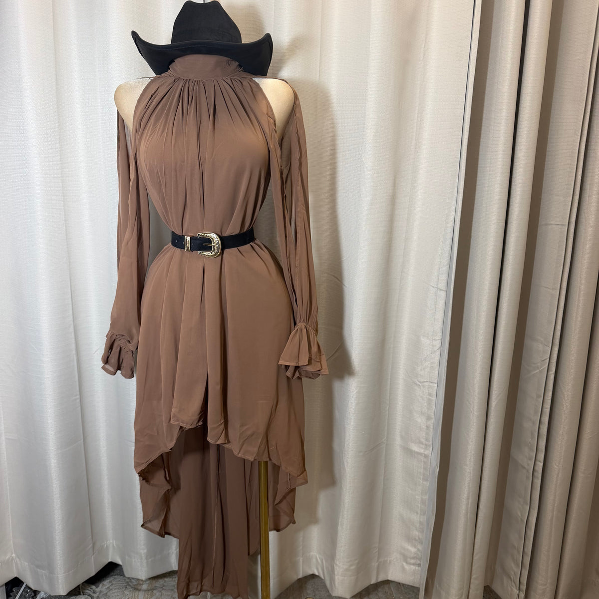 High Low Mock Neck Chiffon Maxi Dress-Brown