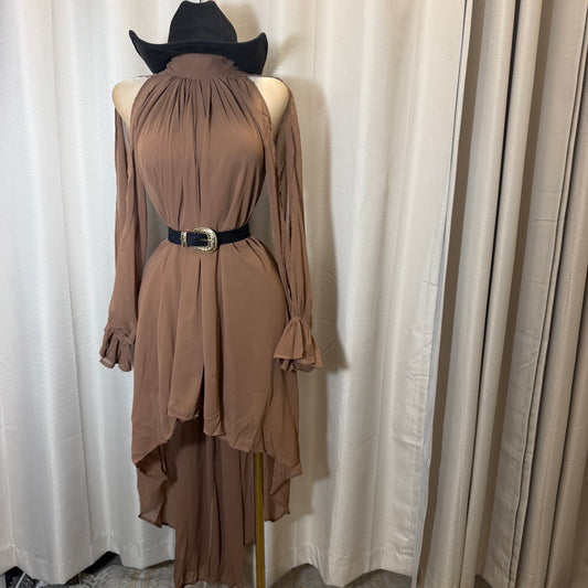 High Low Mock Neck Chiffon Maxi Dress-Brown