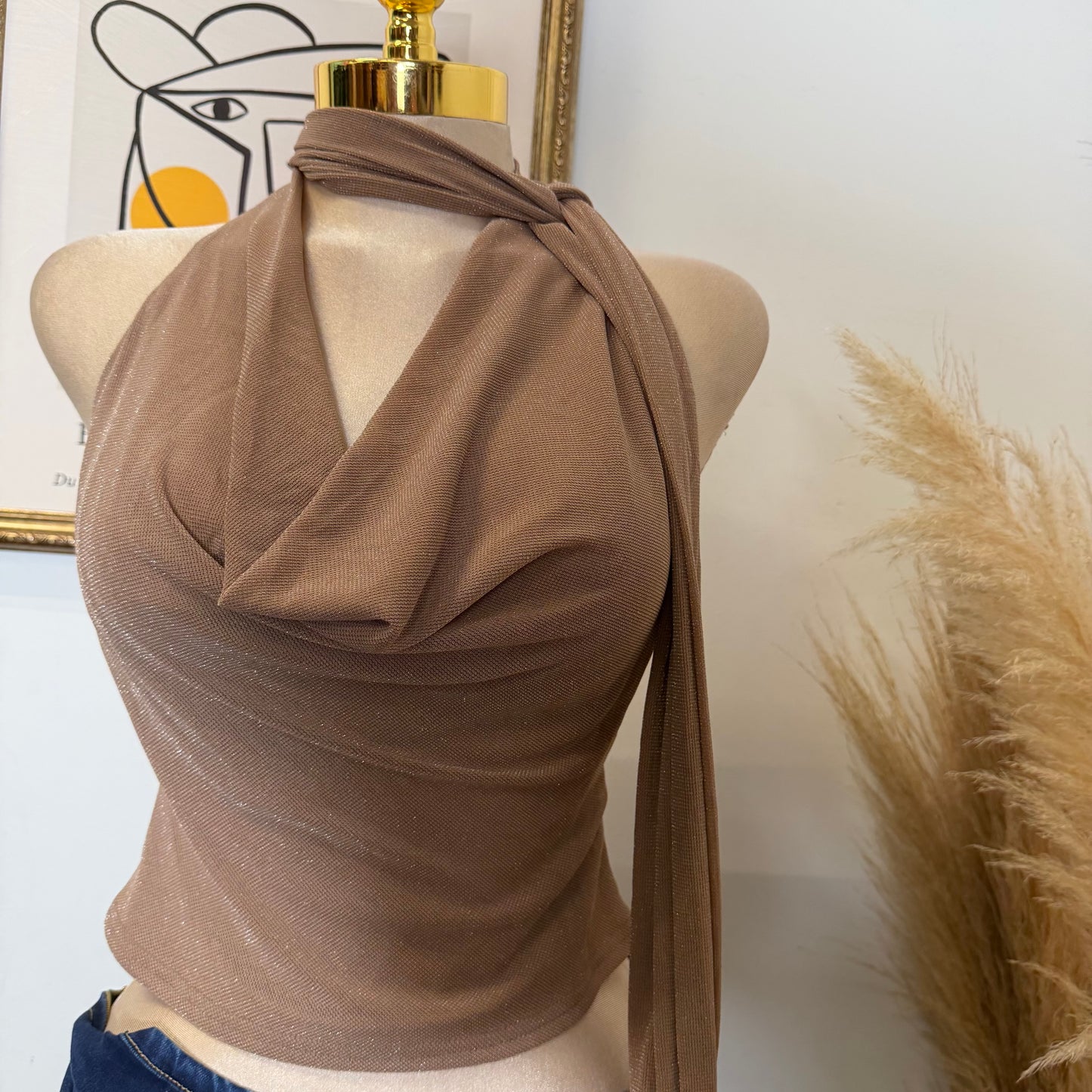 Halter cowl Neck Scarf Top-Brown