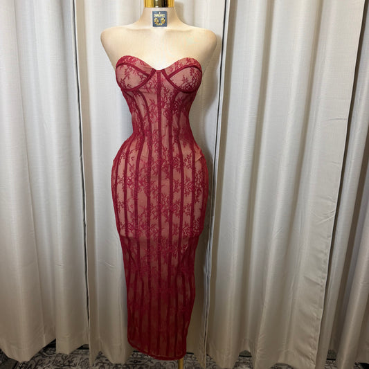 Strapless lace corset boning Maxi Dress-Burgundy
