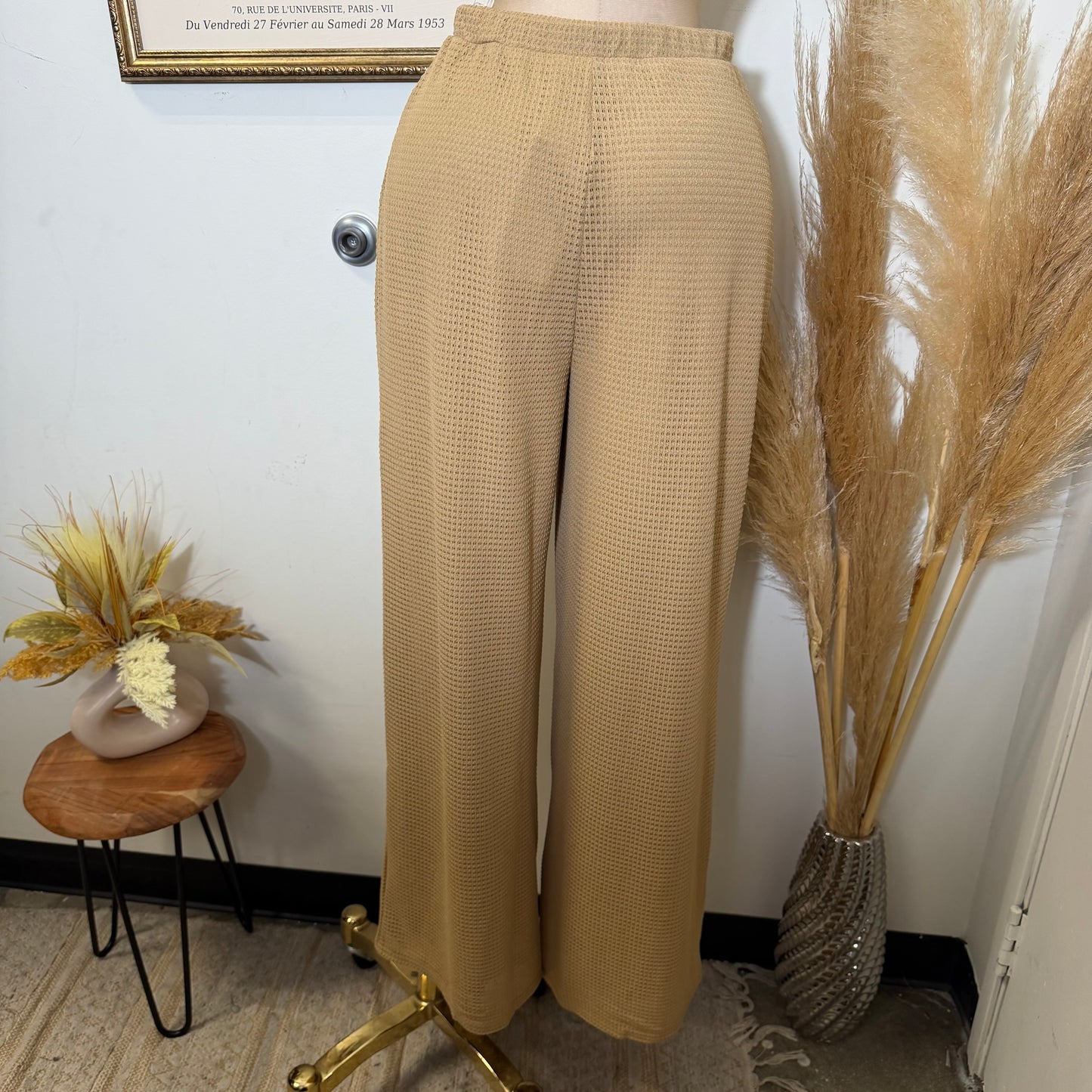 Waffle Knit Seashell Trim Top Wide leg Pant Set-Taupe