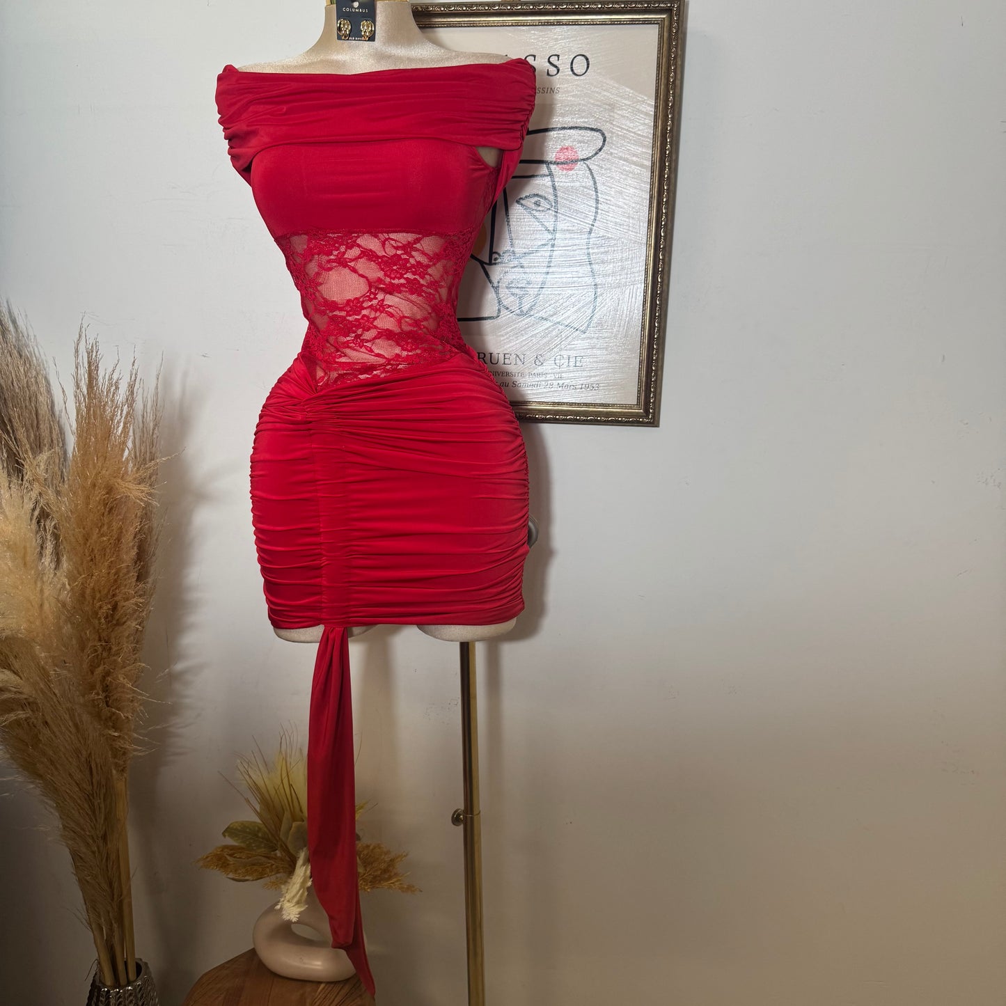 Off Shoulder Lace Dress-Red