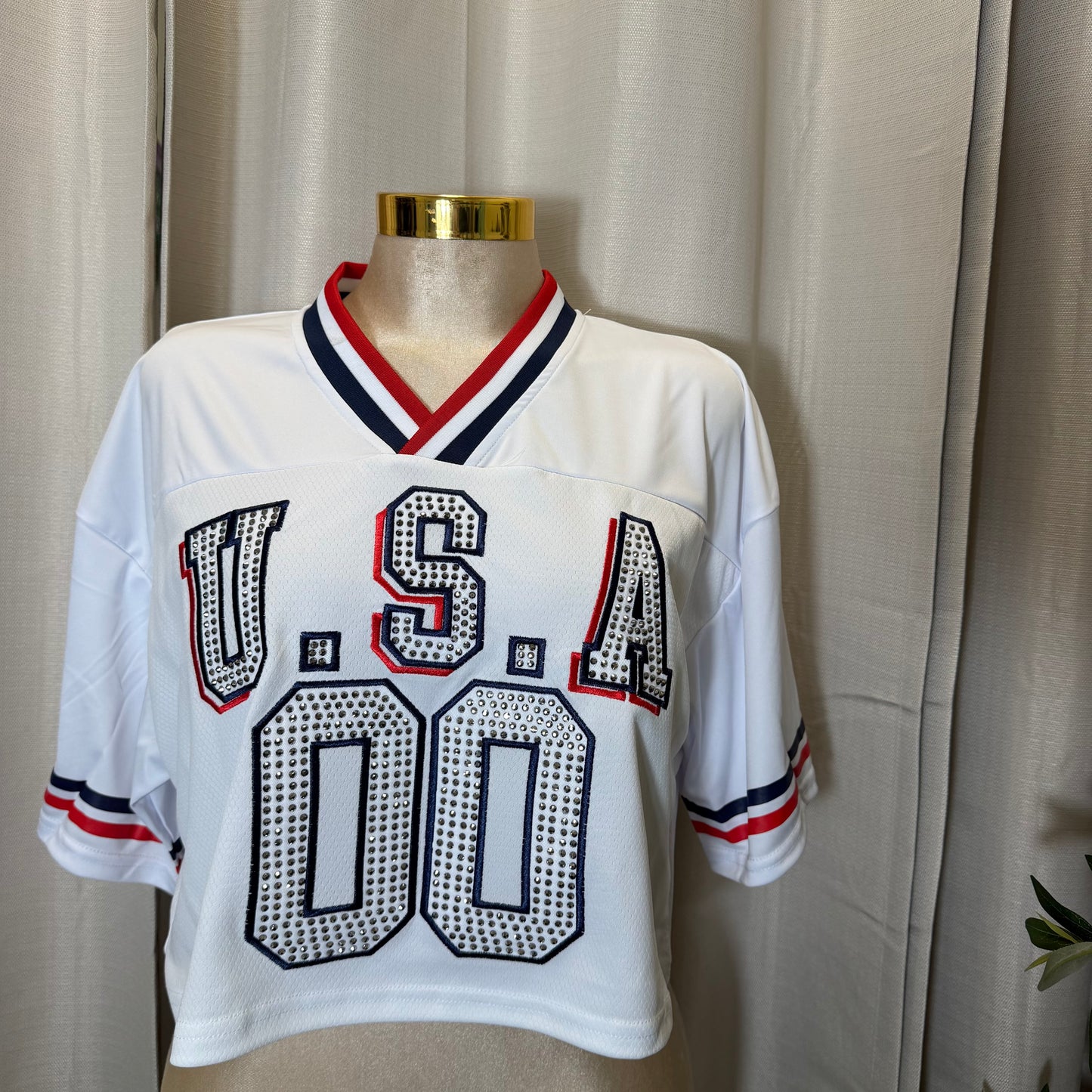 USA Rhinestone Crop Top -White