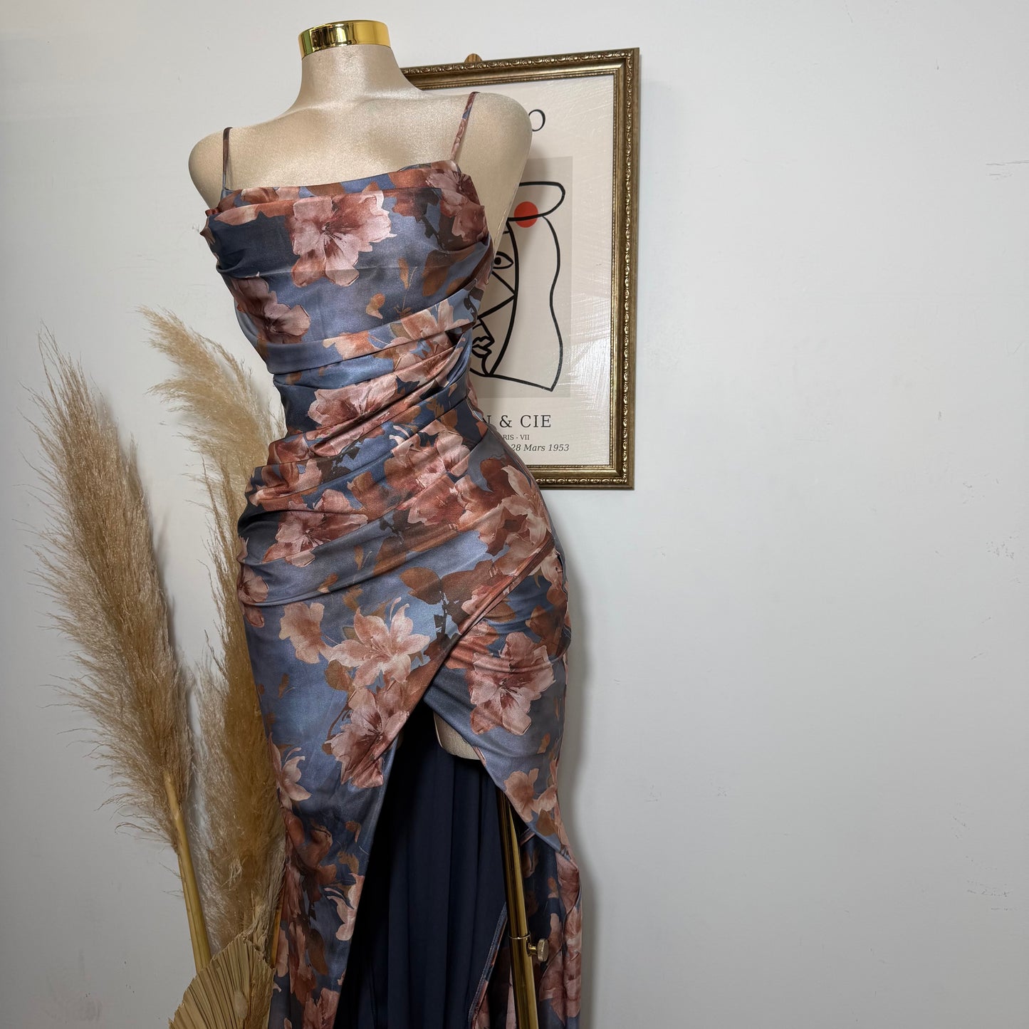 Floral pleated wrap mermaid maxi dress-Grey