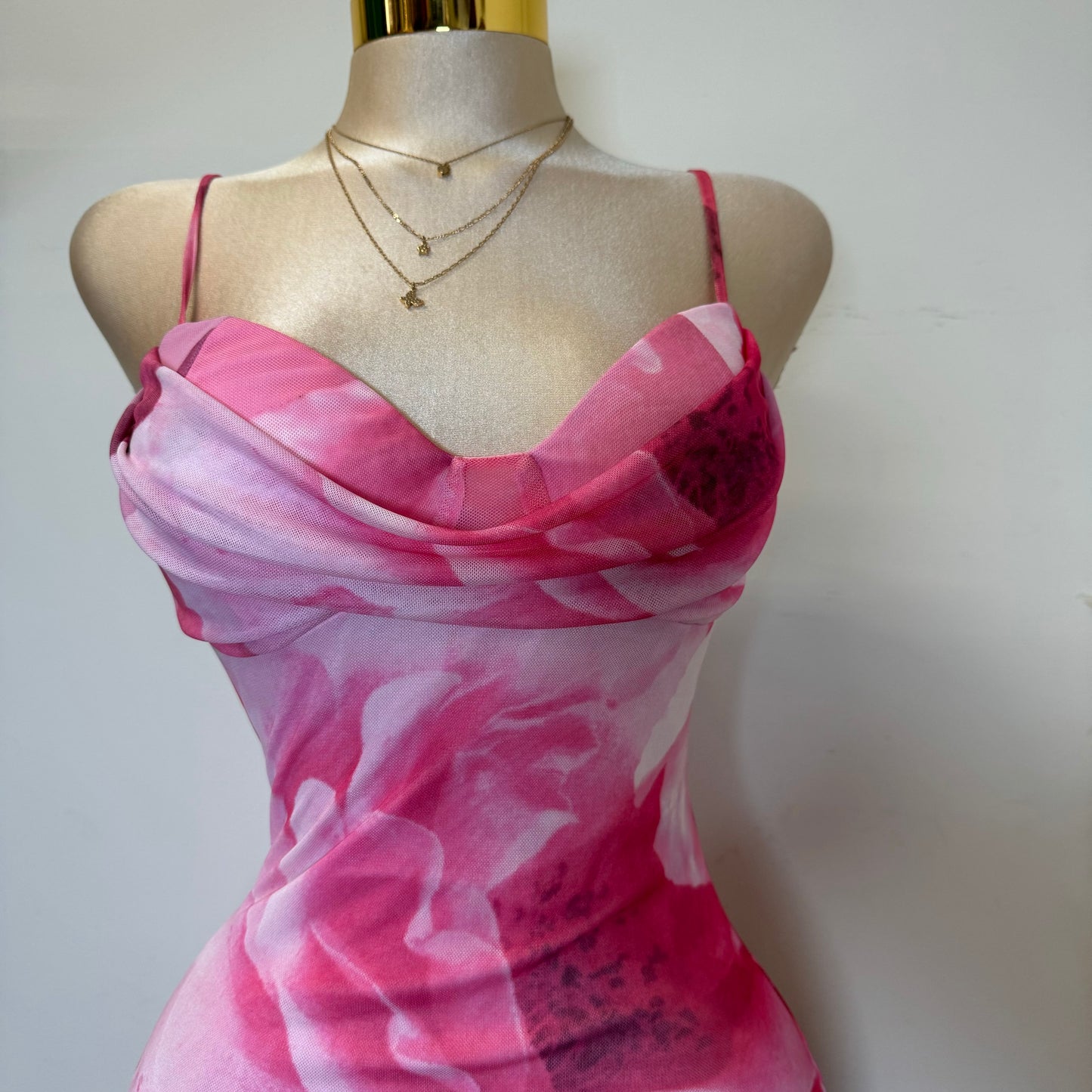 Zabrina Floral Ruffle Slit Mesh Dress-Pink