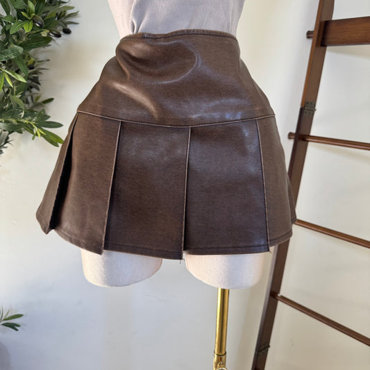 Vintage wash Faux Leather Pleats Skirt-Brown