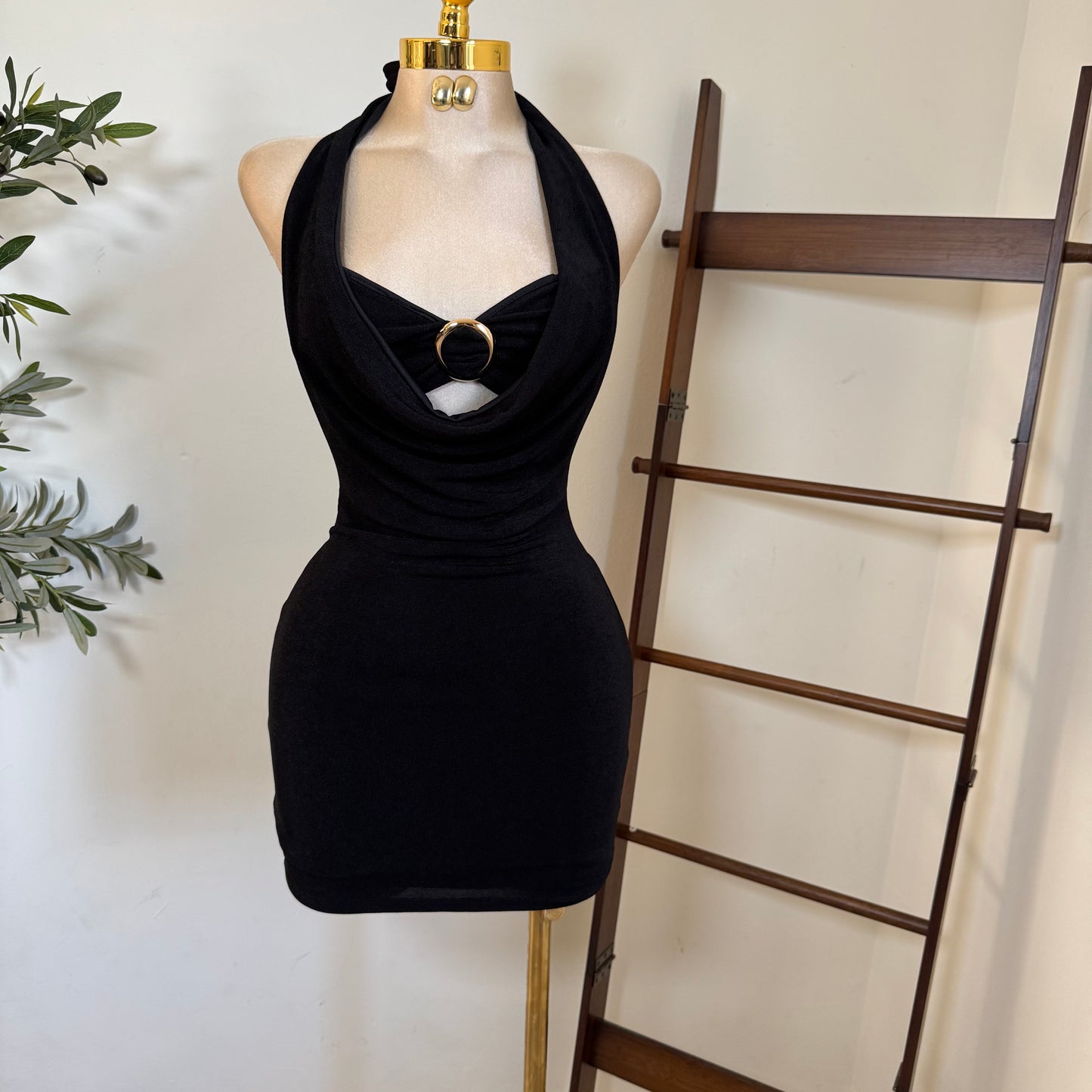 Cowl Halter Dress  -Black