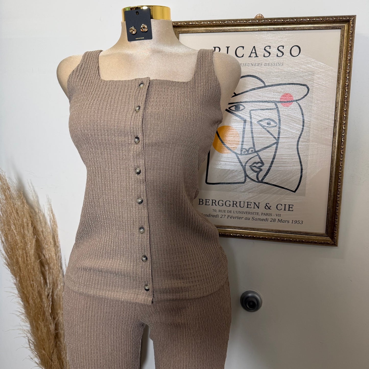 Square neck Vest & Flare Pant set-Khaki