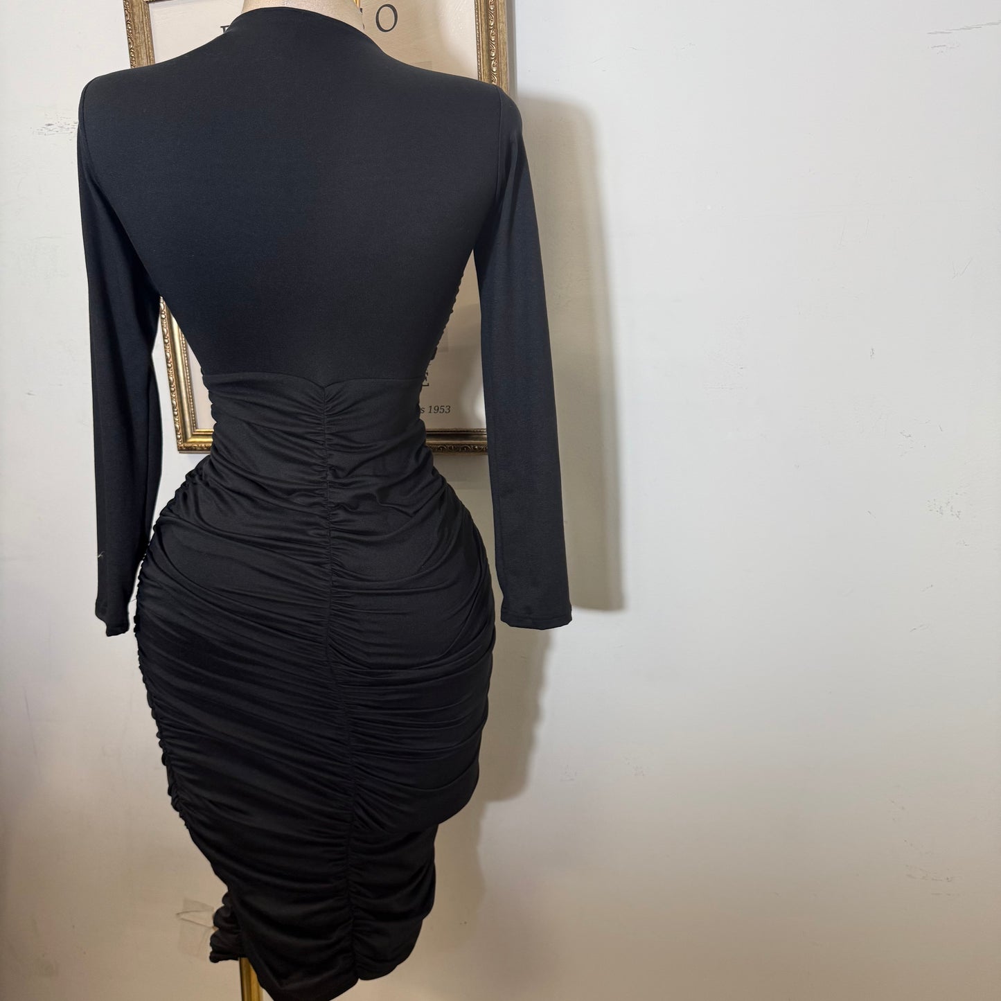 Long Sleeve Double Layered Midi Dress-Black