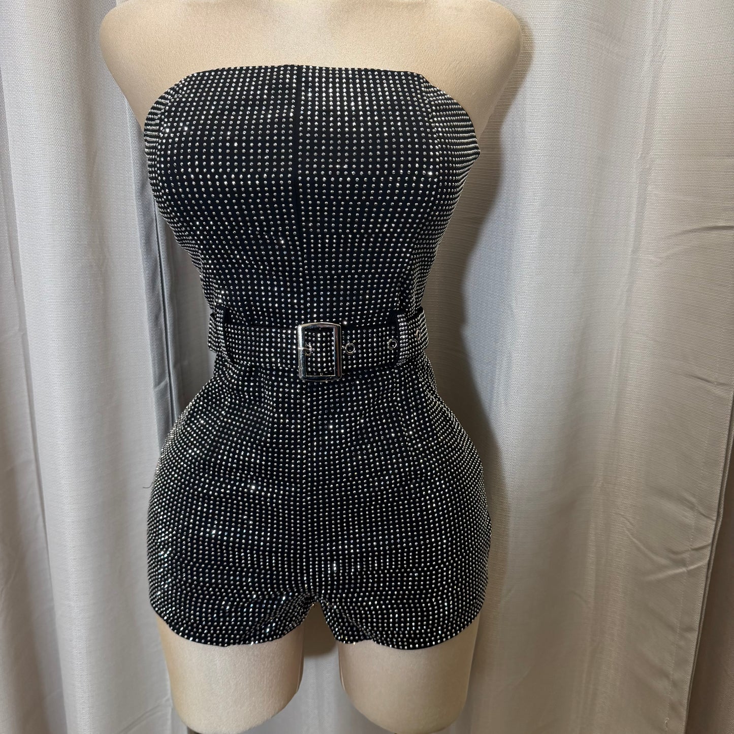 Strapless Rhinestone Romper with Belt-Black