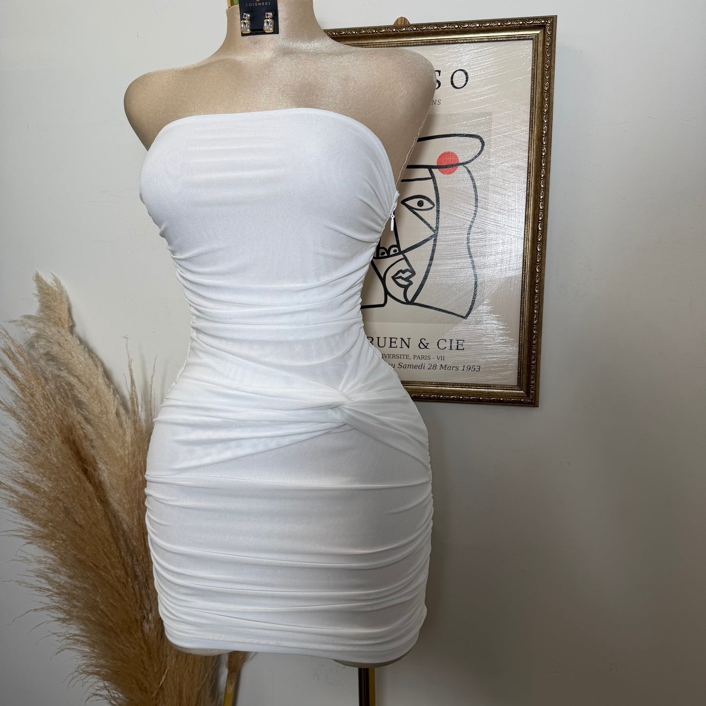 Strapless Ruched Mini Dress-White