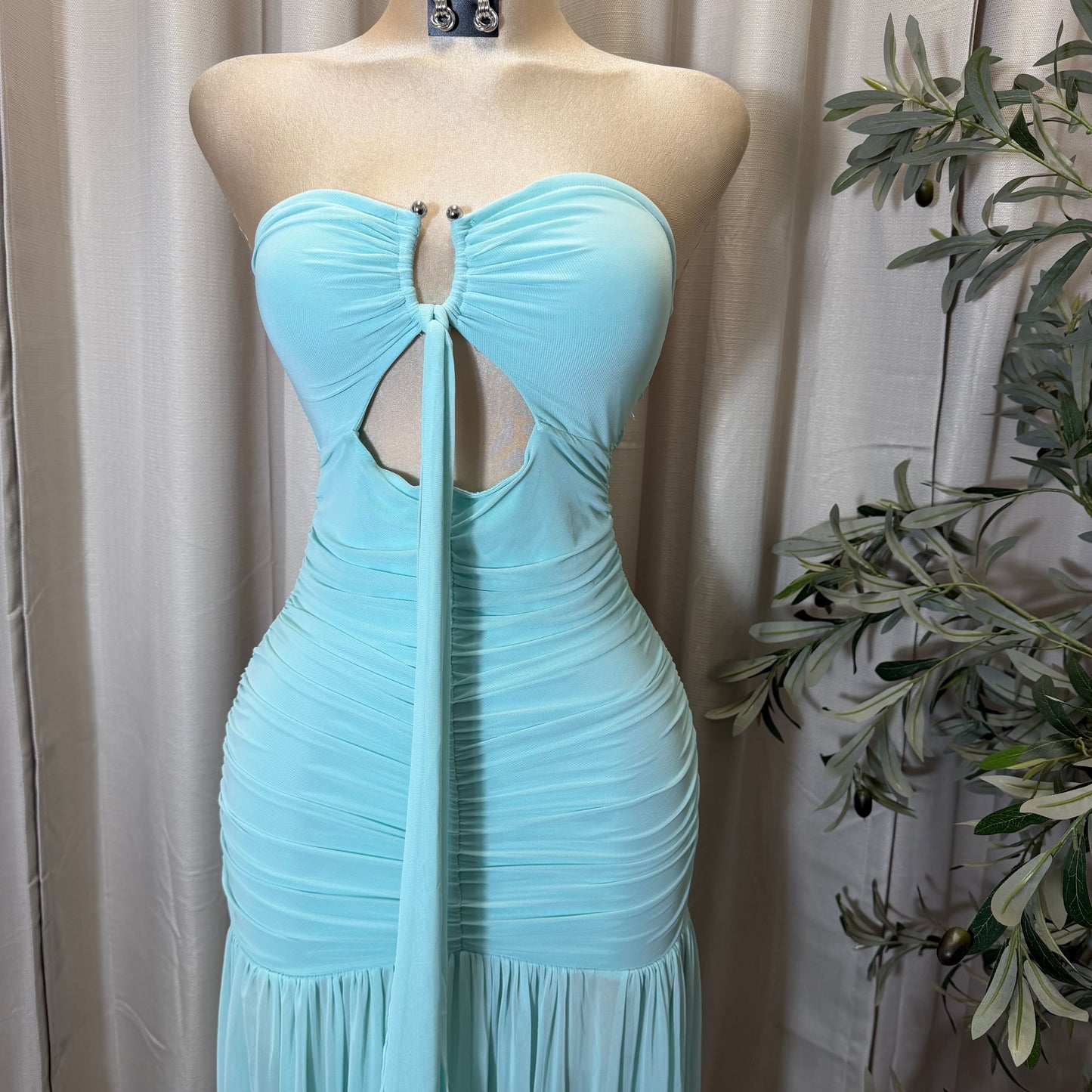 Tube Mesh Maxi Dress With front keyhole and tie Detail-Aqua
