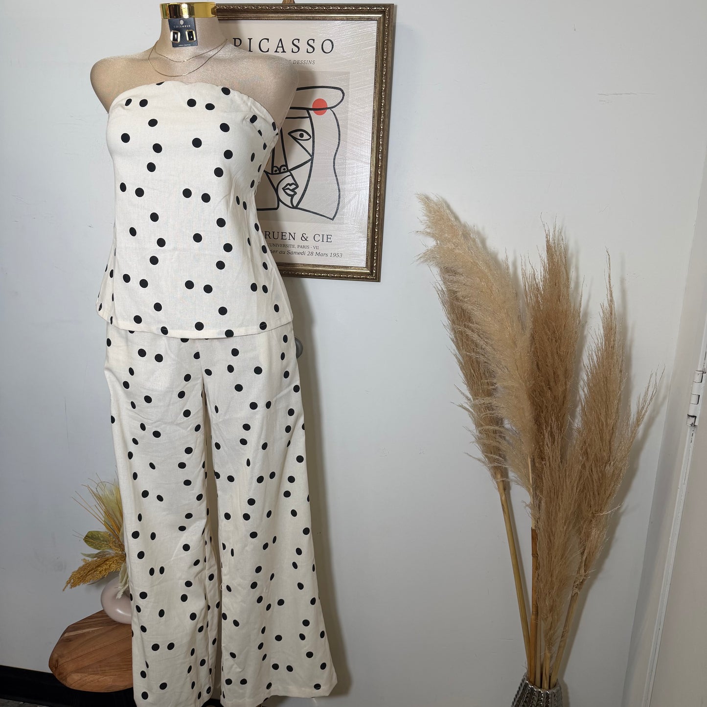 Polka Dot Linen Strapless Pant Set -Cream