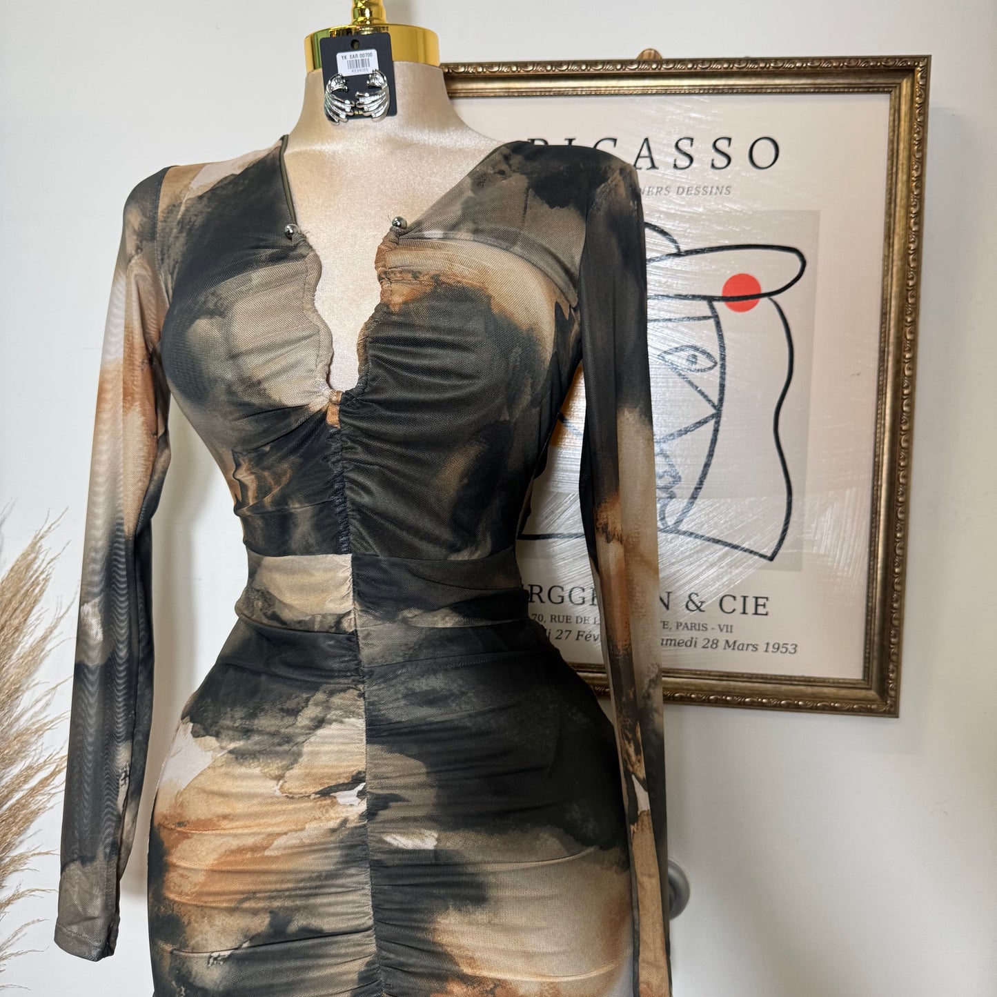 Multi Colored Mesh With trim Midi Dress-Olive