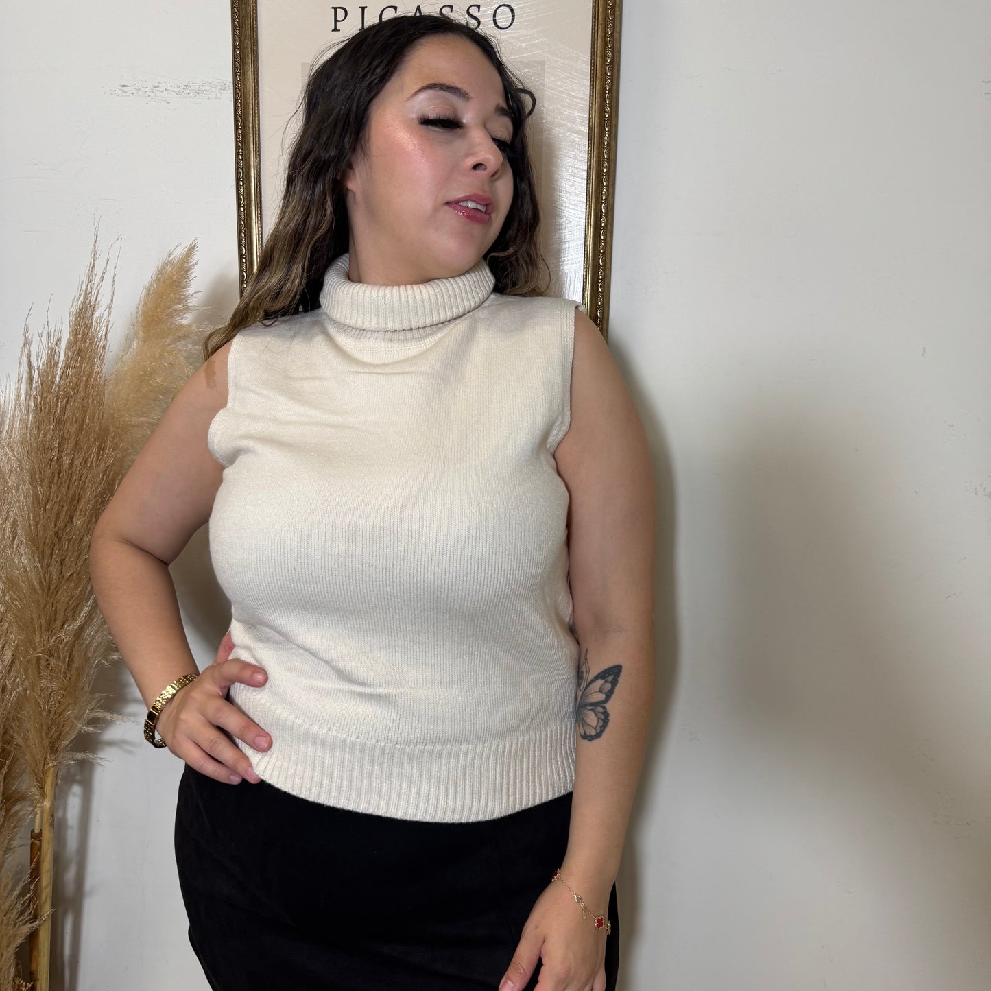 Sleeveless Turtle Neck Sweater Top-Ivory