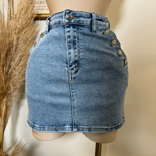 High Waisted Skirt Silver Button-LT Blue