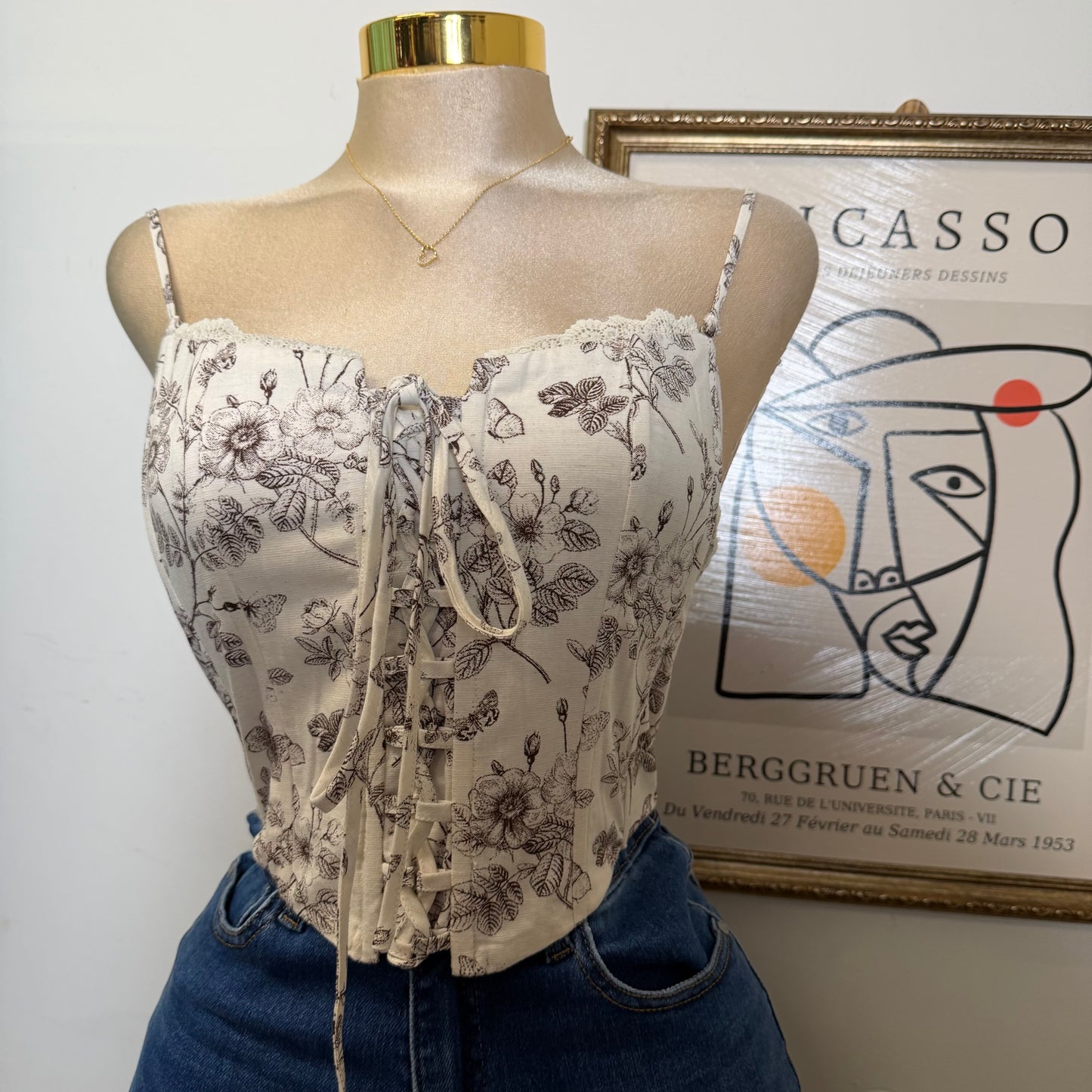 Lace Trim Neck Smocked Back Floral Corset Crop Top-Beige/Brown