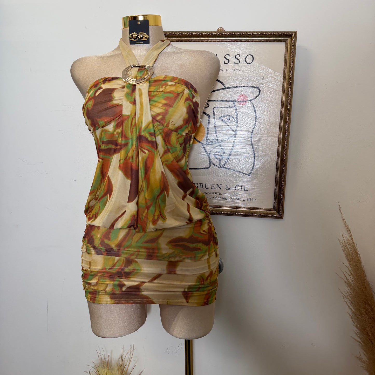 Multi Color Mesh with Metal Trim Mini dress-Yellow