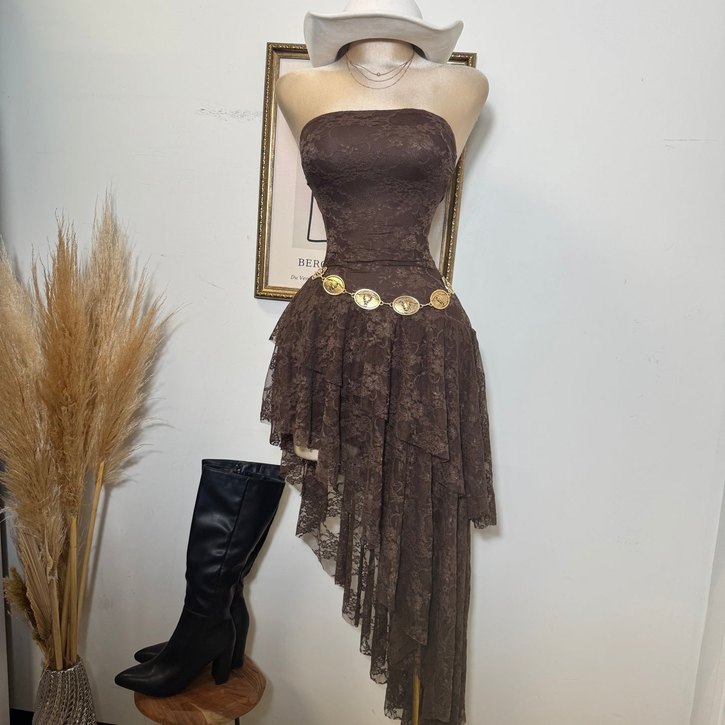 Lace Double Layer Ruffle Asymmetrical Maxi Dress-Brown