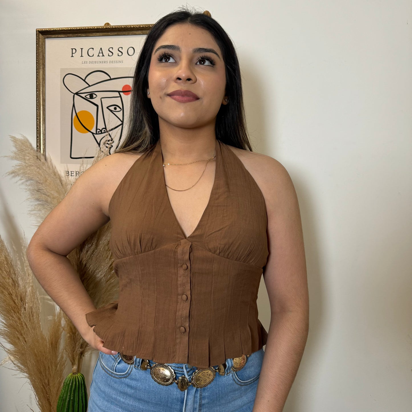 Halter button down Top-Brown