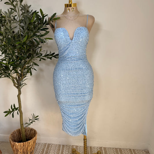 Bead and Sequin Ruched Midi dress-Blue