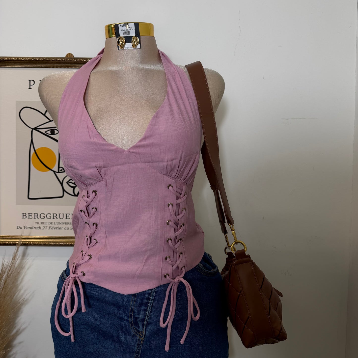 Halter Neck Crop Top-Pink