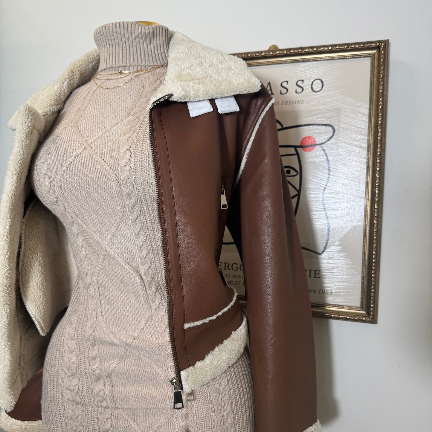Sherpa Fur Lined PU Jacket-Brown