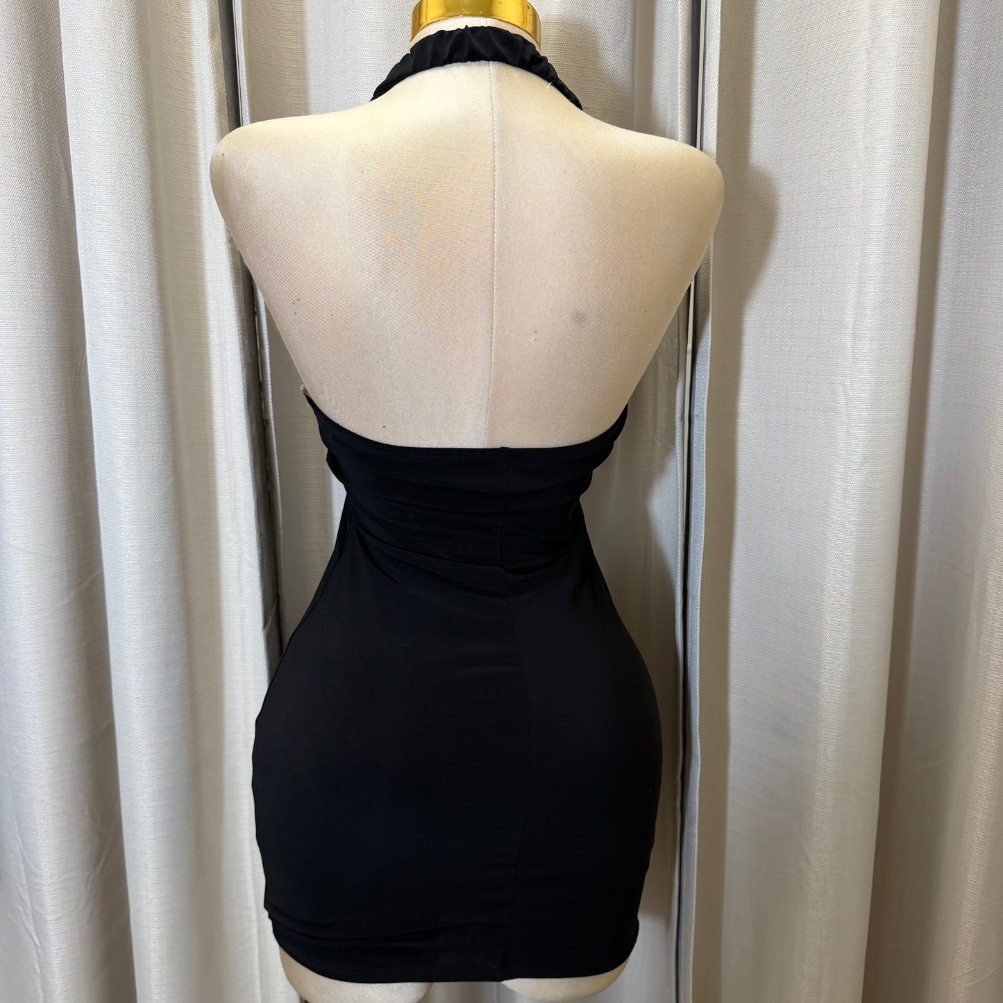 Halter Buckle Drape Mini Dress-Black