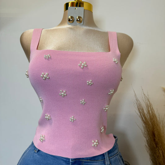 3D Flower Knit Tank Top-Baby Pink