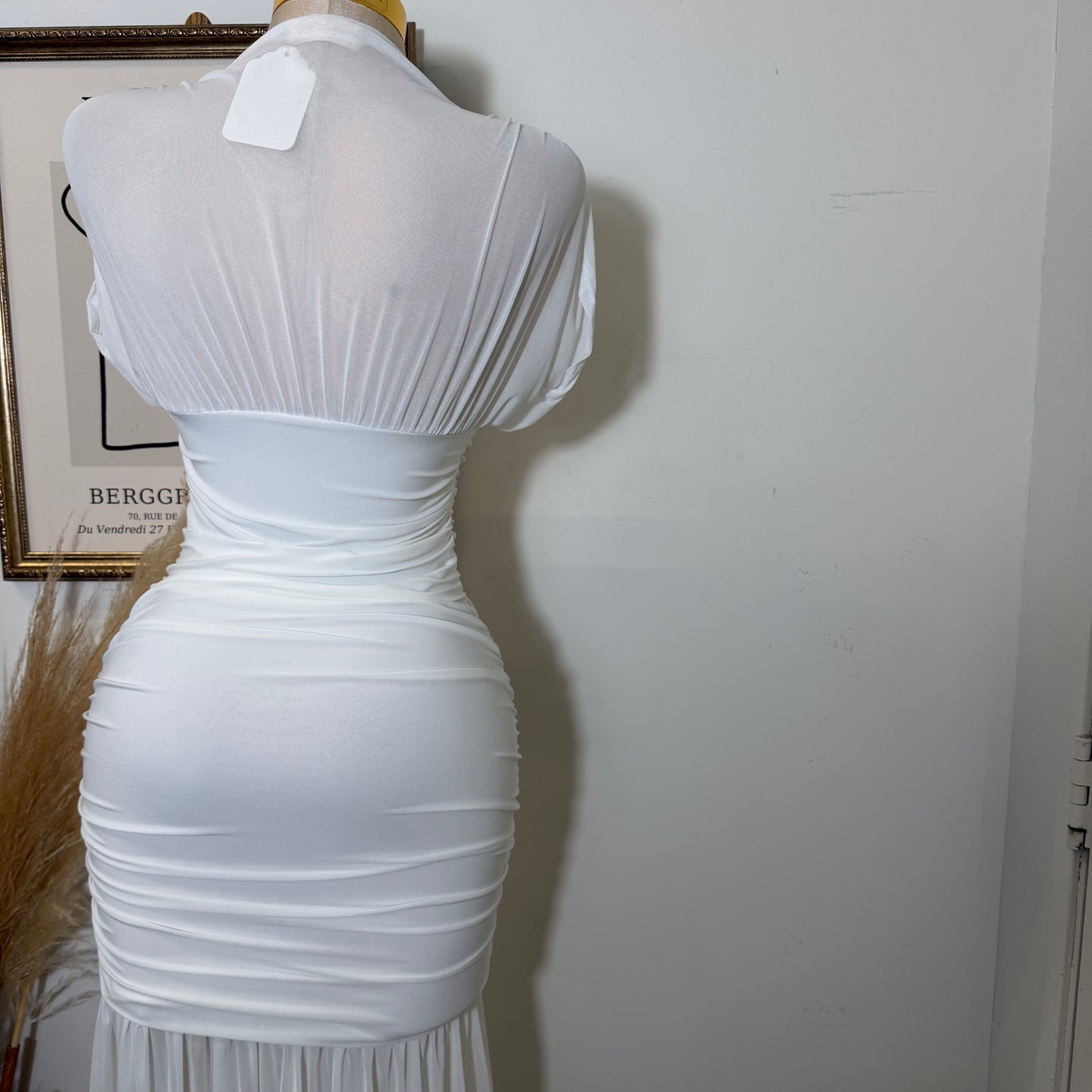Mesh & Knit Mix Long Dress-Ivory