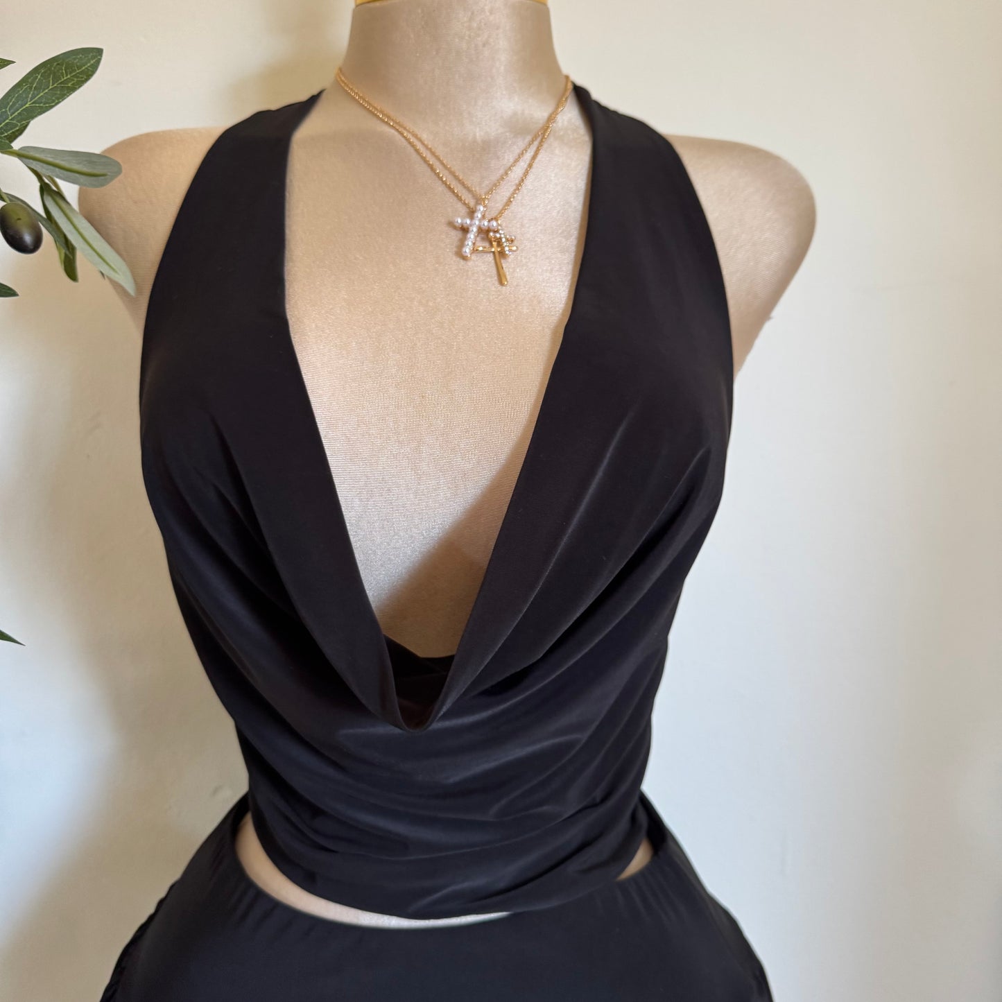 Cowl Halter Skirt Set -black