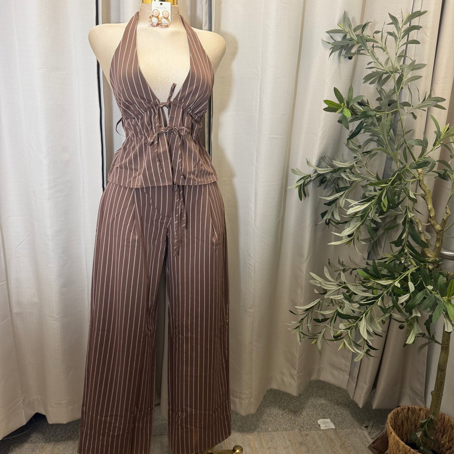 Stripe spaghetti Tie open back Halter Top and pant set