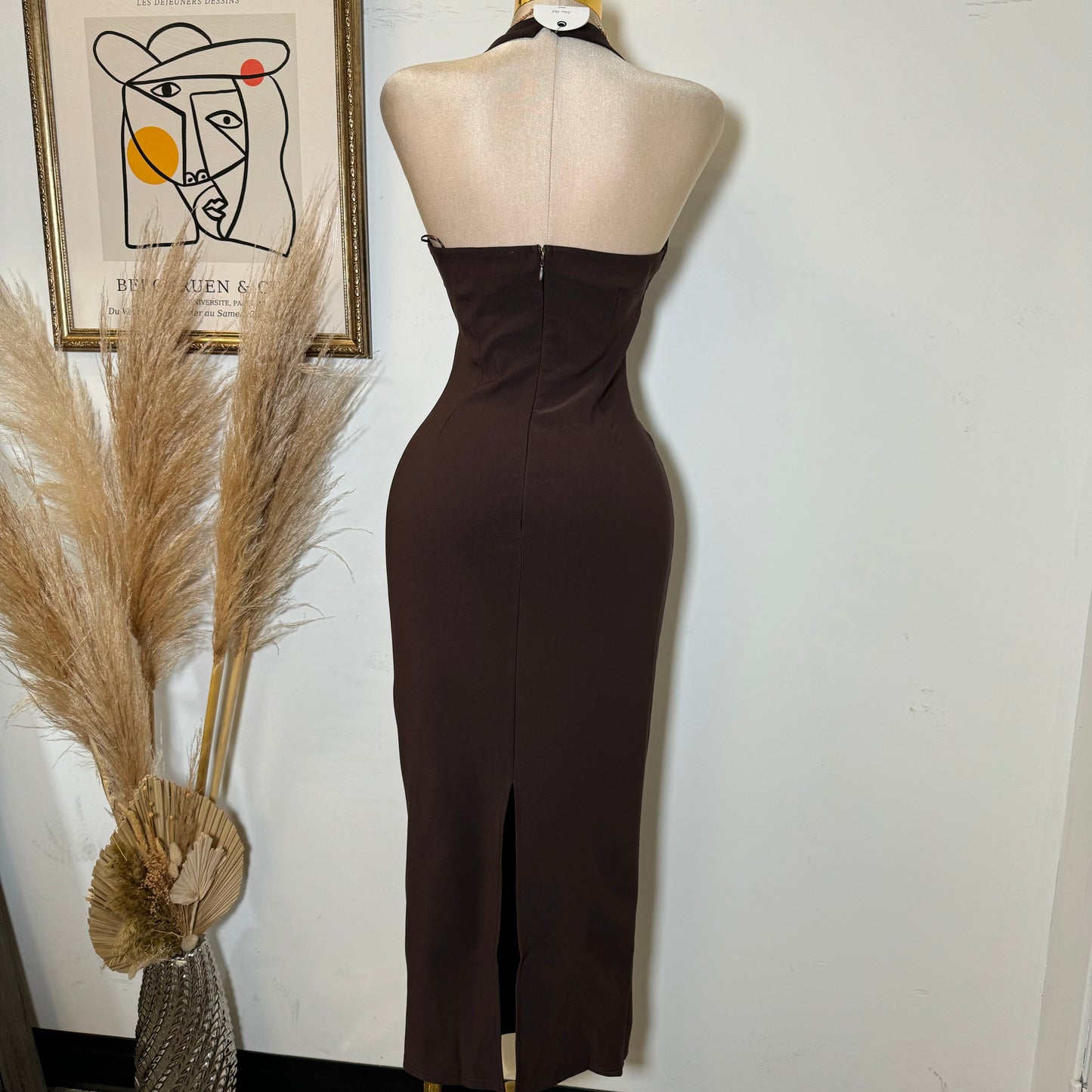 Fine Stretch Woven Halter Neck Fitted  Midi Dress-Brown