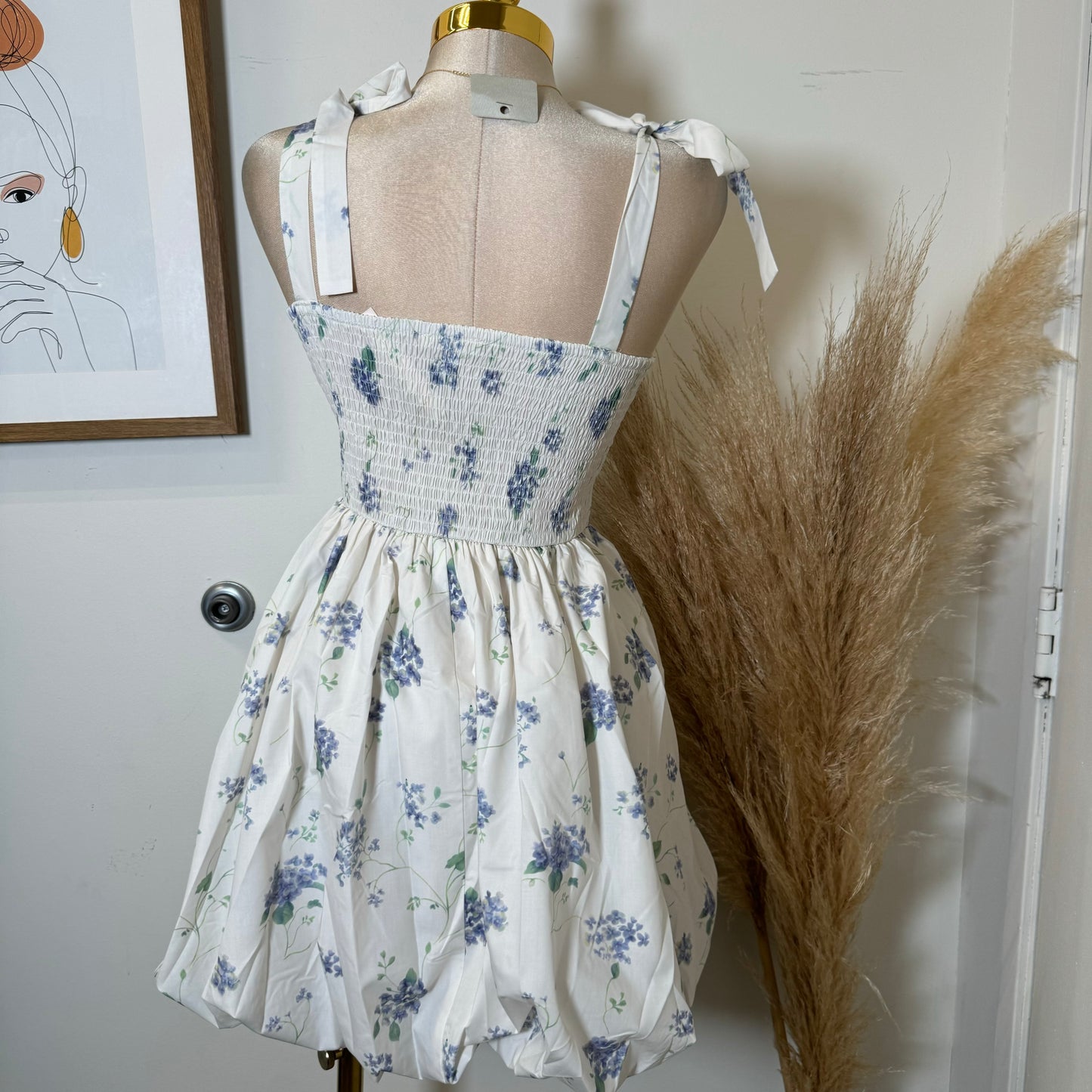 Coqueta Floral Bubble Skirt Dress-White/Blue