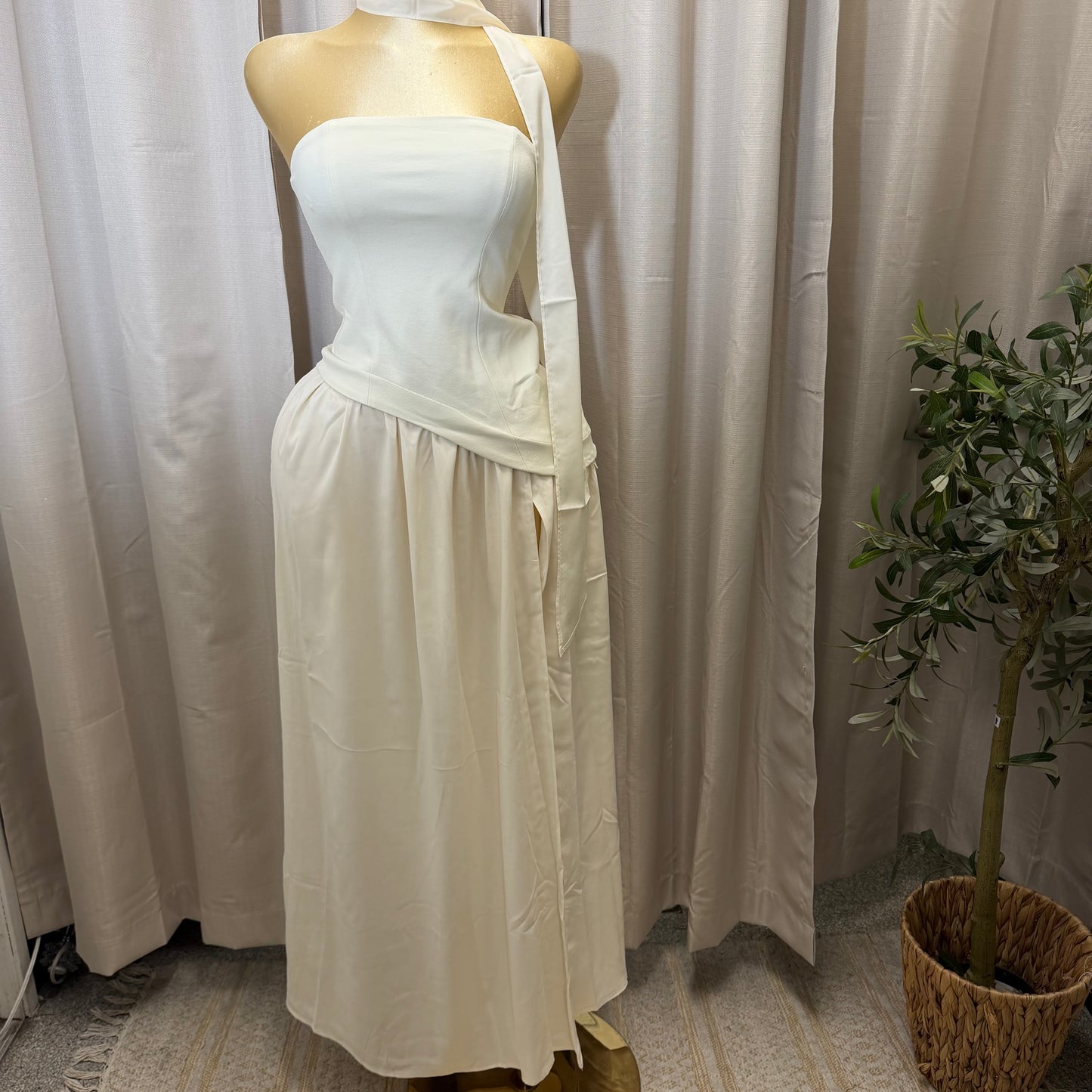 Strapless Scarf Neck Overlay Maxi Dress-Cream