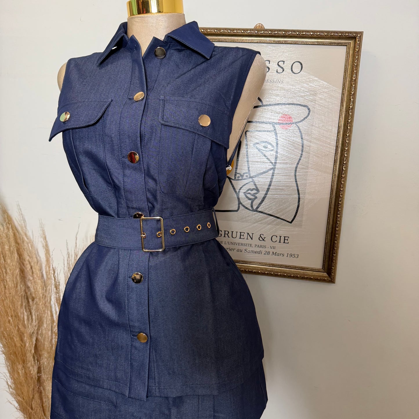 Denim Gold Buckle Belted Pocket Vest Skort Set-Dk Denim