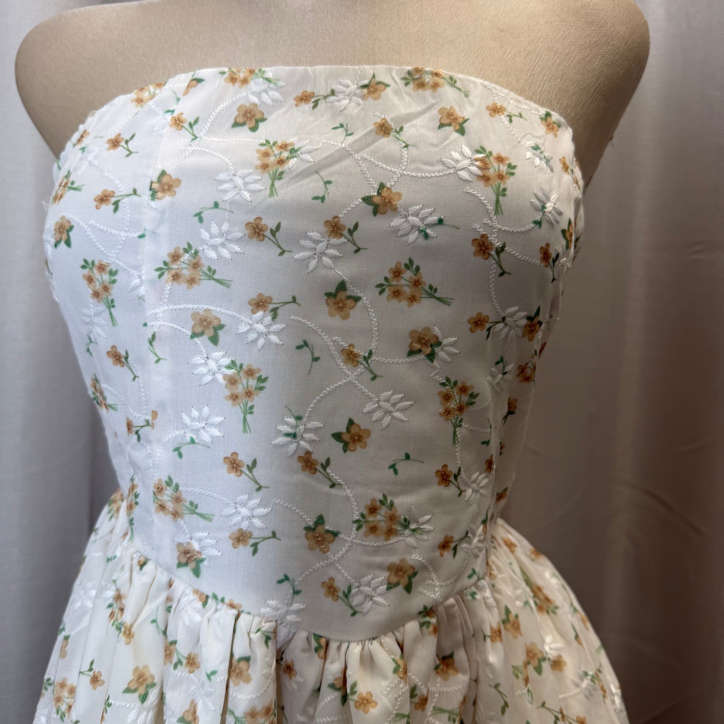Strapless Floral Midi Dress-White/Yellow