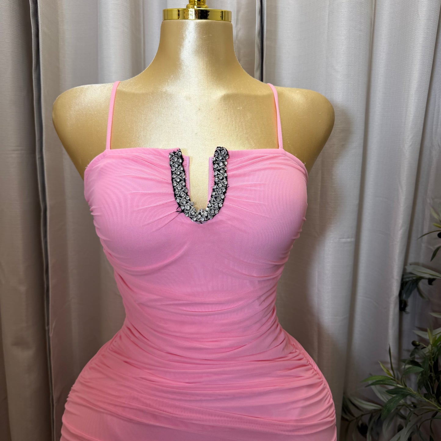 Rhinestone Spaghetti Midi Dress-Pink