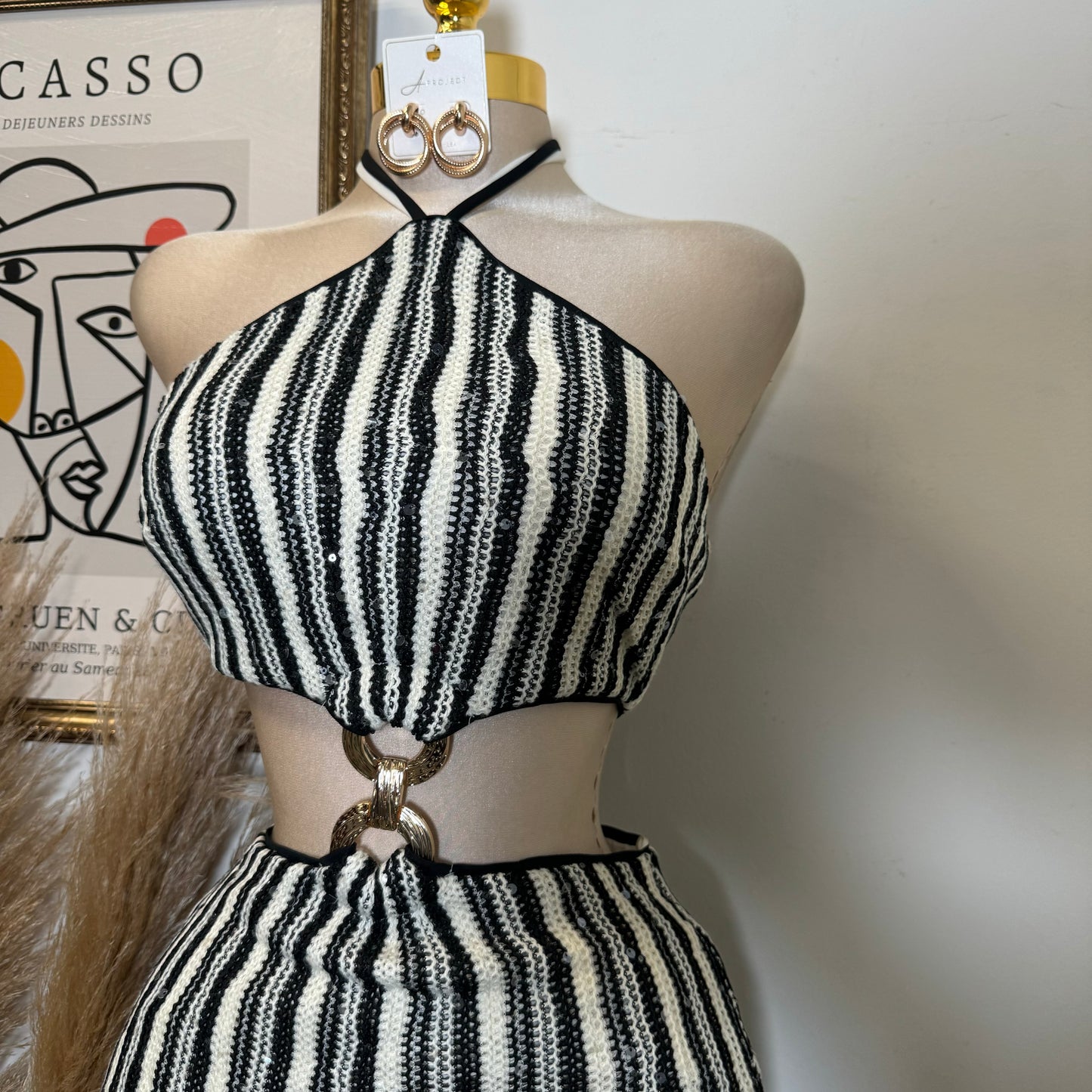 Solid Cut & Sew Knit Cut Out Waist Tie Neck Midi Dress-Black/Oat