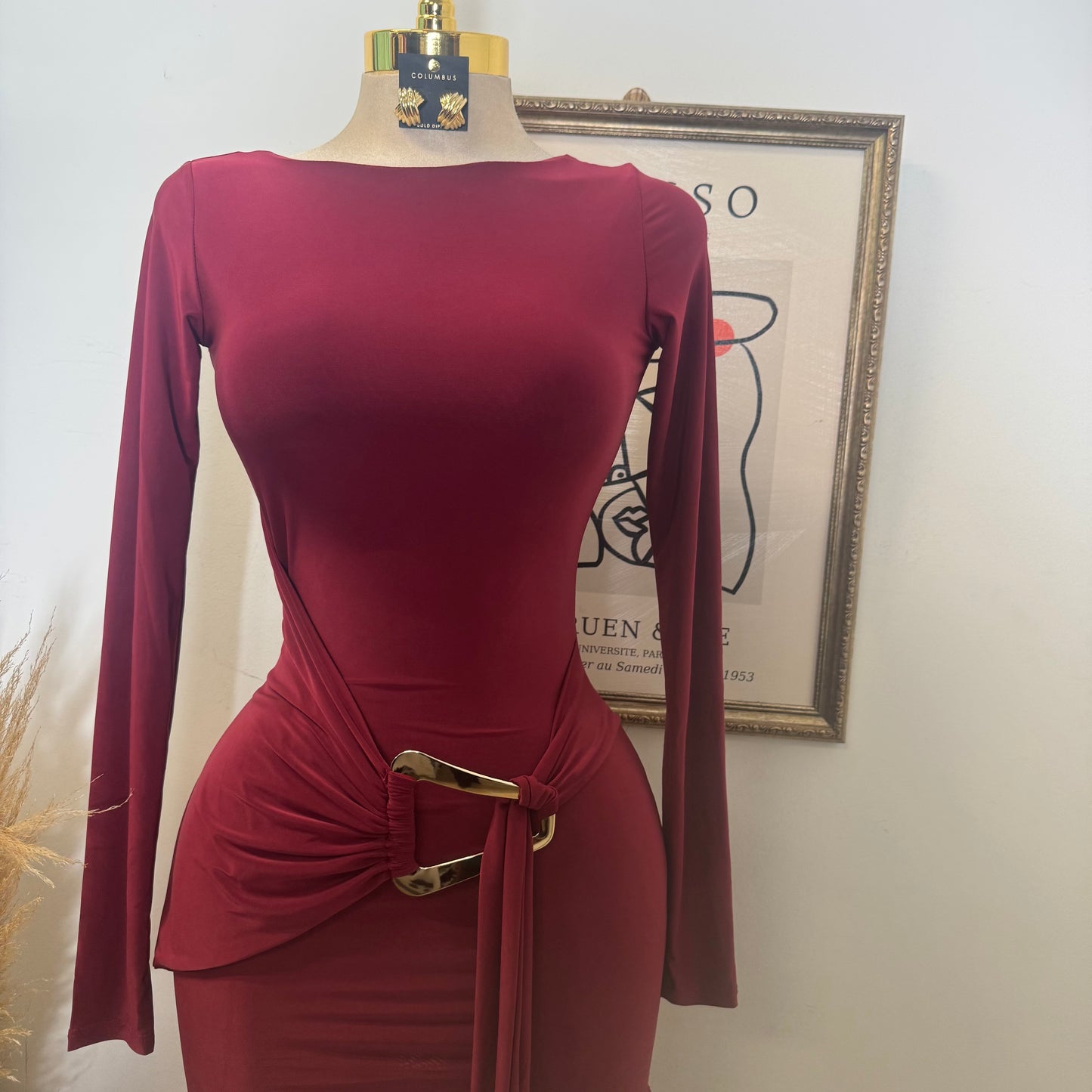 Long sleeve Drape Mini Dress-Burgundy