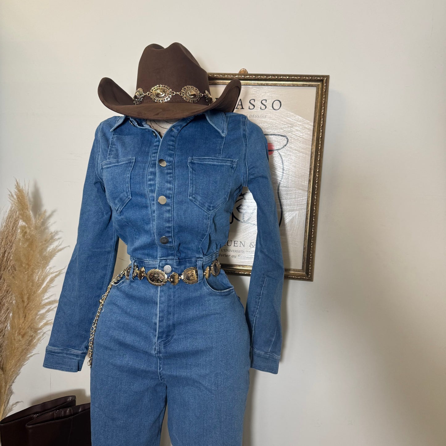 Denim Button Long Sleeve Jumpsuit -Medium Wash