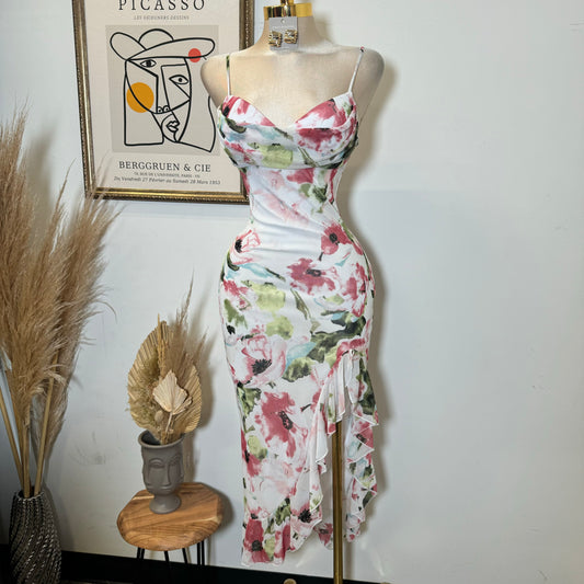 Mixie Mesh Open Slit Dress-Flower Print