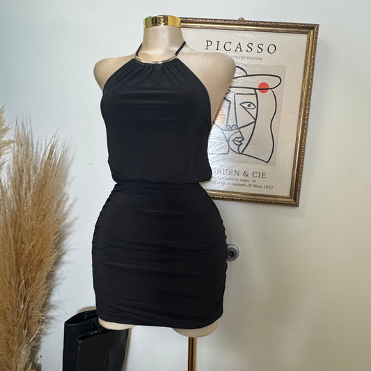 Halter With Gold Trim Mini Dress-Black
