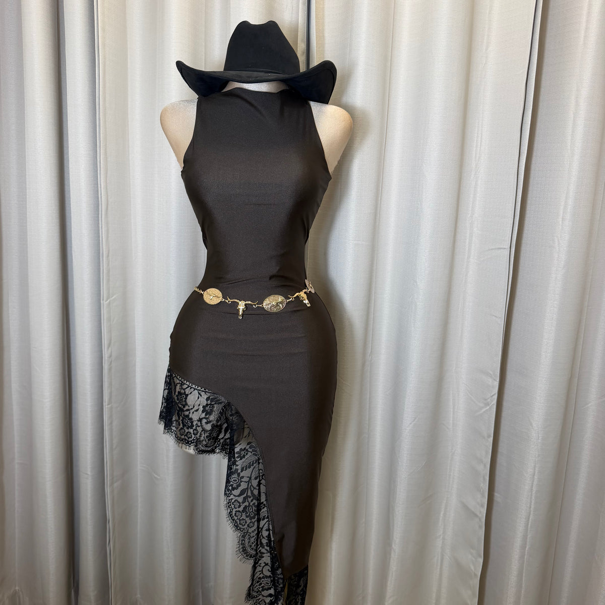Mock neck Asymmetrical lace Detail Dress-Brown/Black