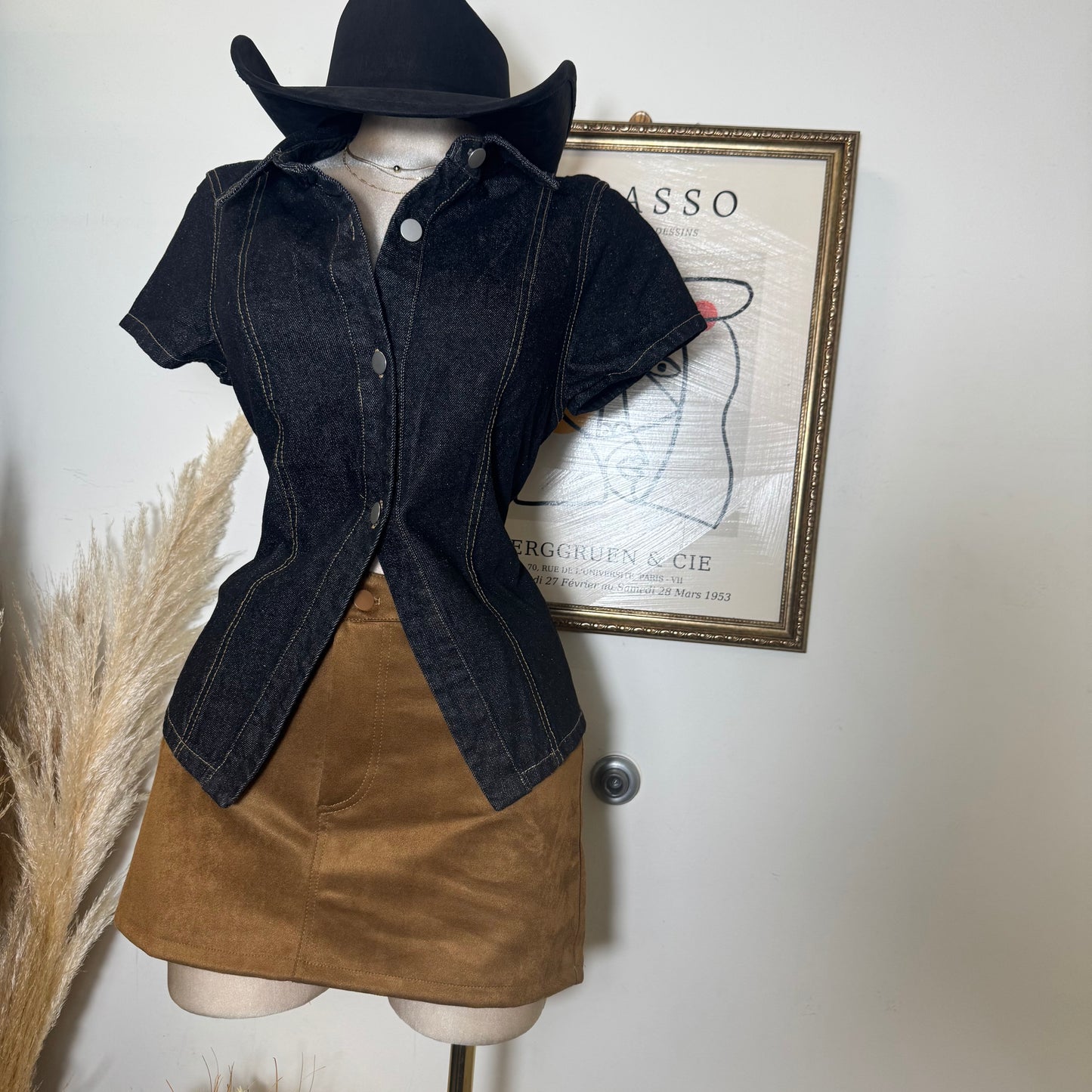 Short Sleeve Button Front Denim Top-Black