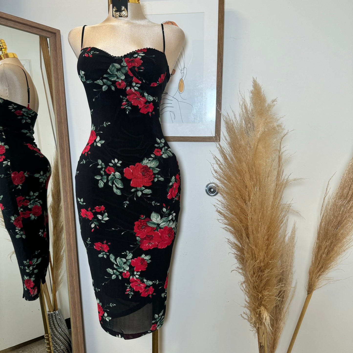 Rose Mesh Spaghetti Dress-Black/Red