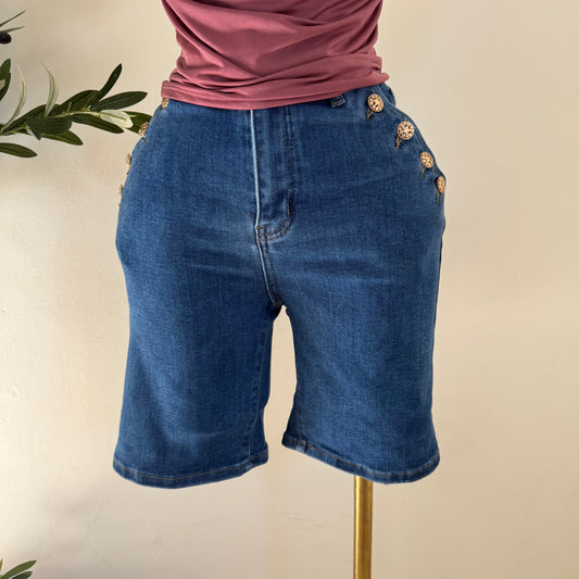 High Waisted bermuda with Button on the side-Denim Blue