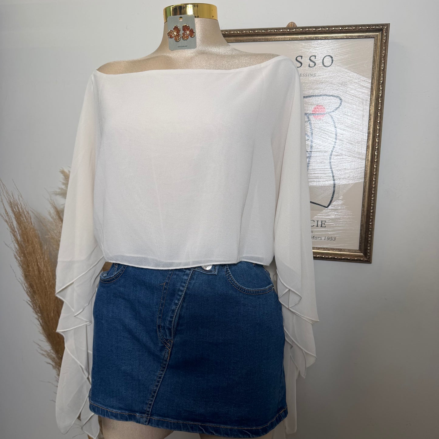 Sheer One-Shoulder Drape Crop Top-Cream