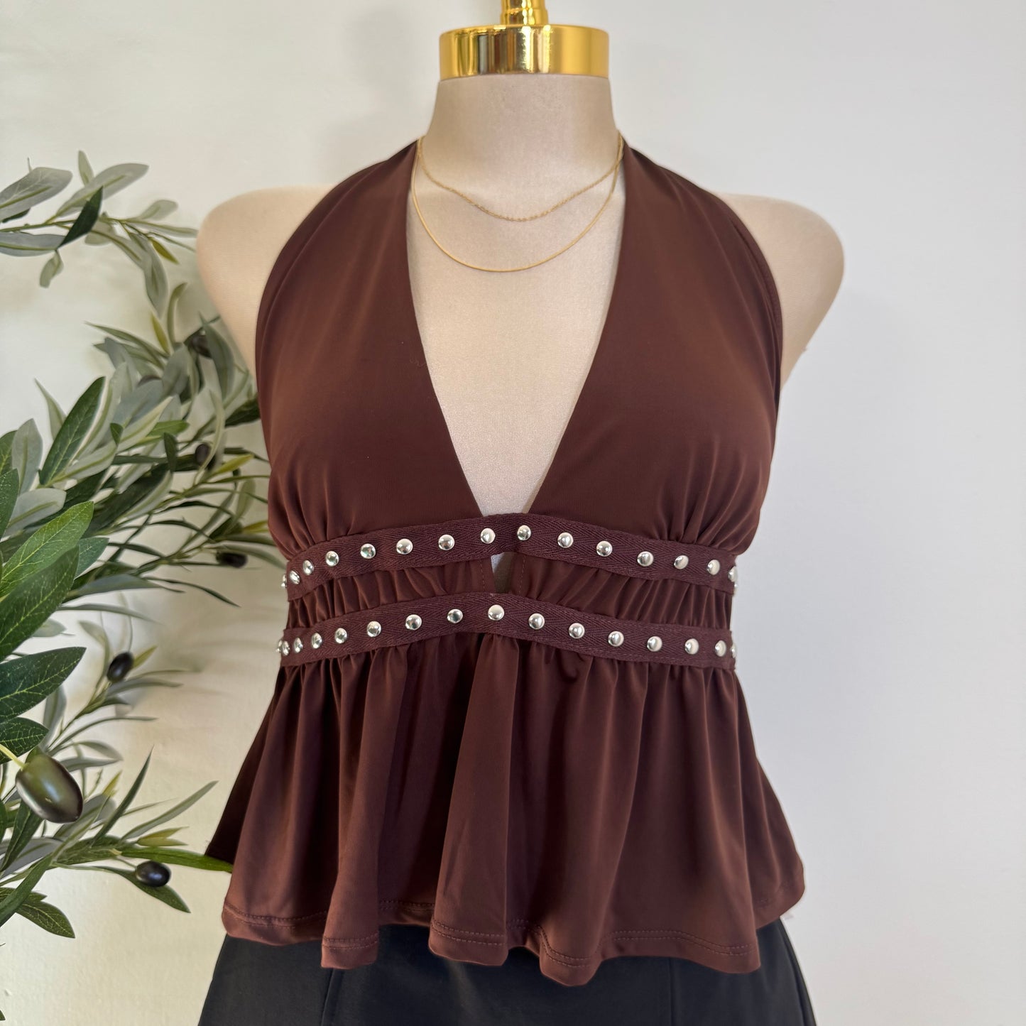 Venechia Halter Top with Studs -Brown